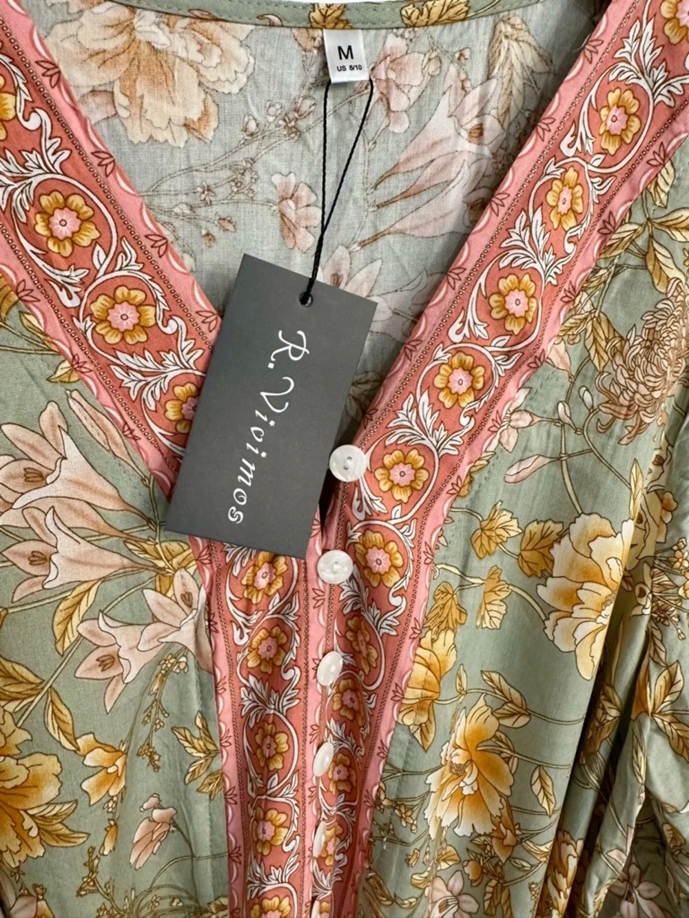 Boho Floral Midi Dress Sage Green Pink Border Print Button Front Size M NWT - Picture 2 of 15